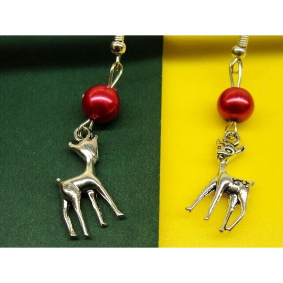 Deer Bambi Red Bead Silver Tone Vertical Drop Dangle Hook Earrings Womans - Picture 4 of 4